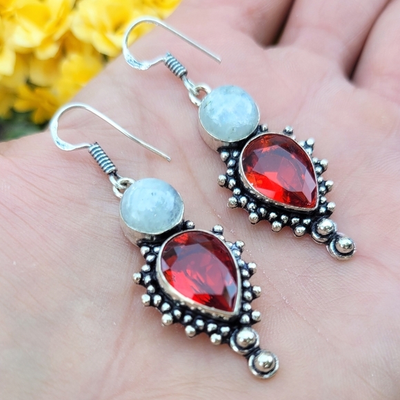 Moonstone & Ruby Gemstone Boho Earrings - Picture 1 of 3